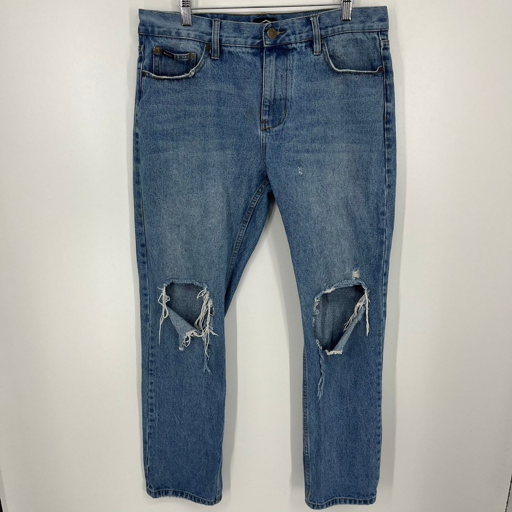 RVCA Week-End Mens Distressed Straight Leg Jeans Blue Medium Wash Size 34